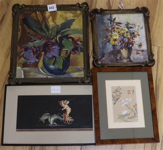 Six assorted prints and pictures including two oils by Kathleen Salmond and an Italian gouache of a cherub